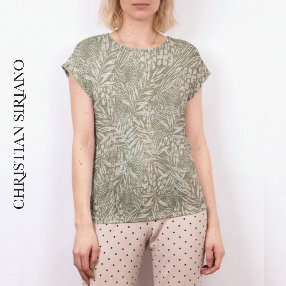 Sz M Christian Siriano 100% Linen Shirt Asymmetrical Hem Sage Botanical Print